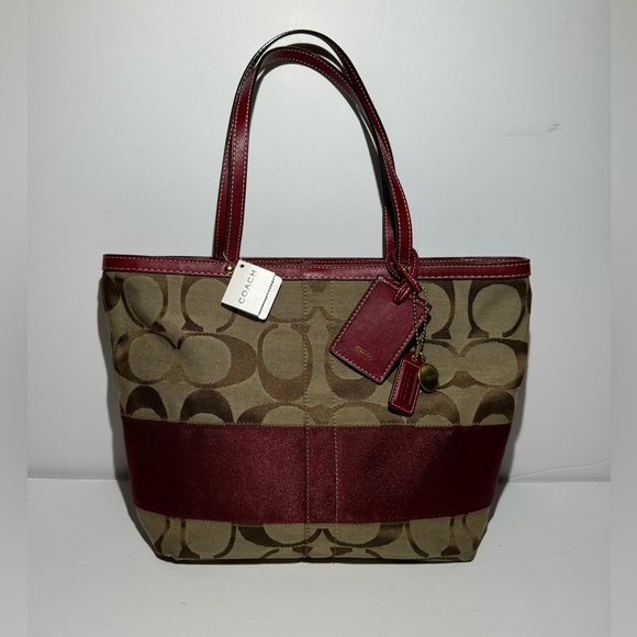 Coach Handbags - Coach Signature Striped Khaki & Crimson Canvas/ Leather Tote Bag‎ Vintage NWT